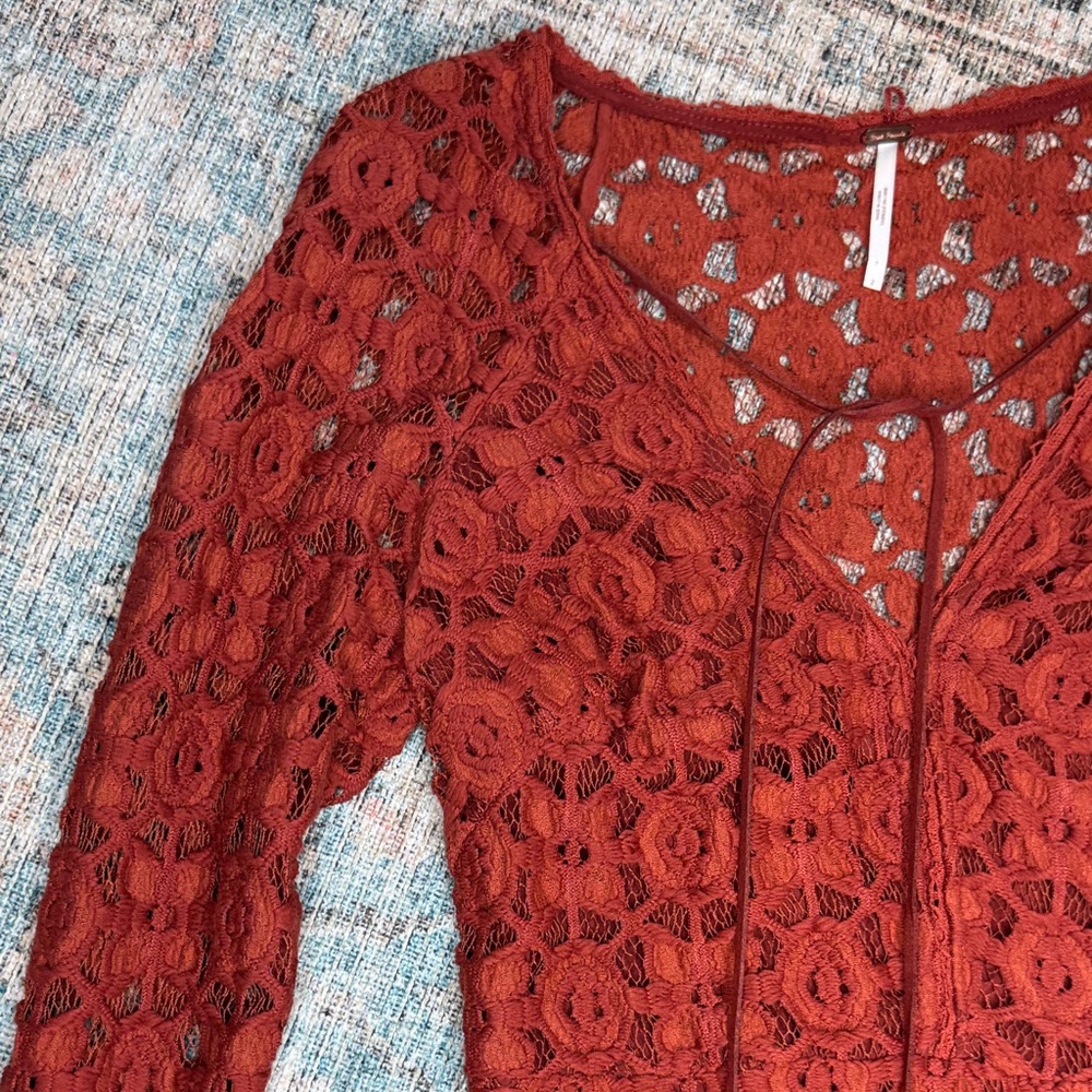 Free People Terracotta Lace Crotched Mini Dress Bell Sleeves Slim Fit -2 - Picture 6 of 14